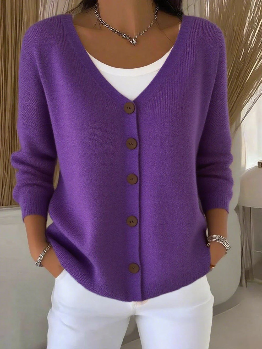 2025 new women's solid color knitted button-down cardigan, loose fit, casual style, european and american cross-border amazon independent website