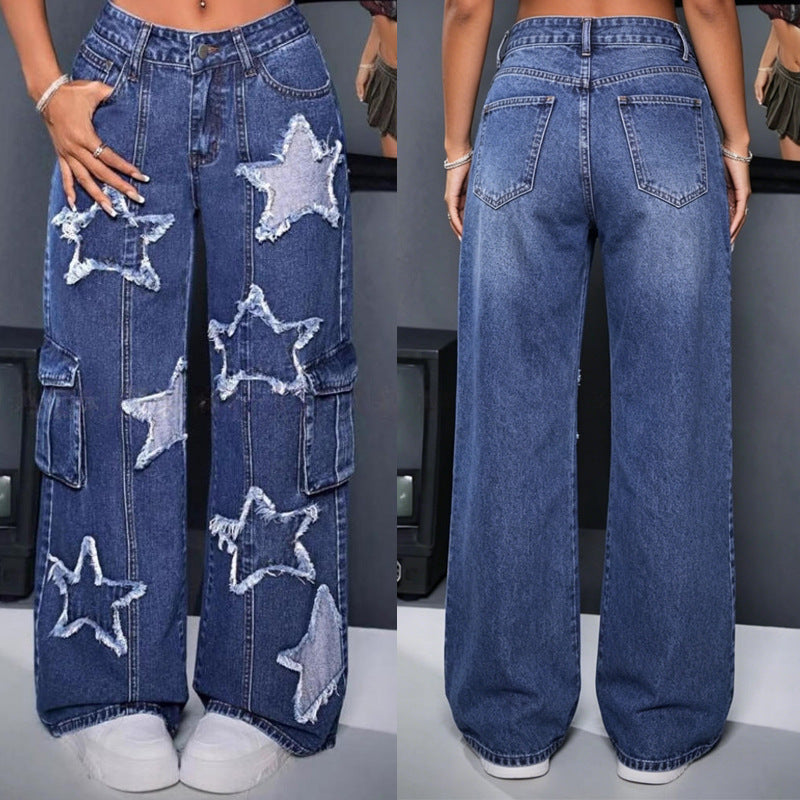 American washed star jeans for women, high waist, multiple flap pocket pantsloosecasual wide-leg pants, mopstraight-leg jeans