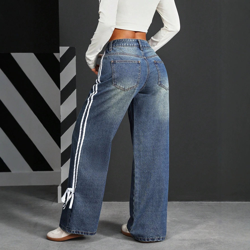 Fashion style side webbing strap wide leg jeans women's high waistloosestraight-legdrapedmoppants