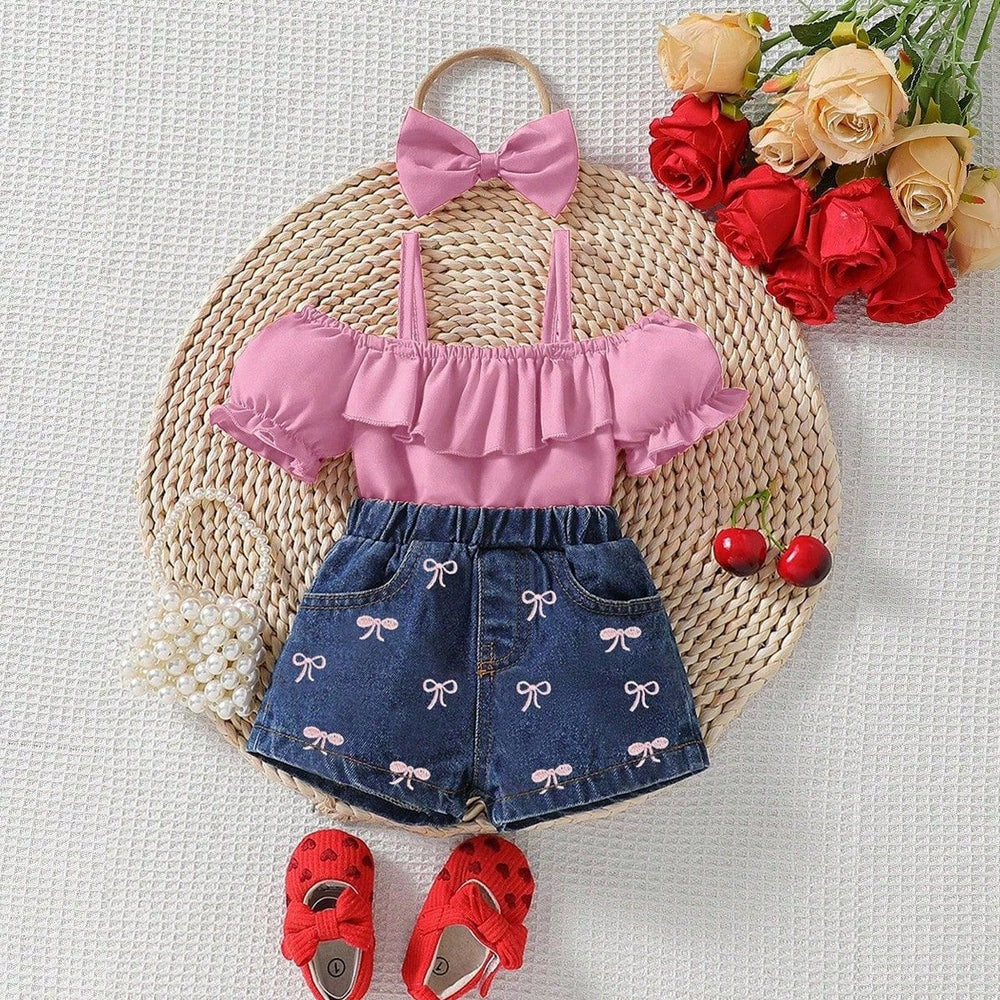 hot selling baby girl one shoulder ruffle suspender tops bows embroidered denim short suit with headscarf