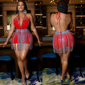 C5871 cross-border fashion new sexy nightclub hot diamond backless halter jumpsuit tassel short skirt two-piece set for women