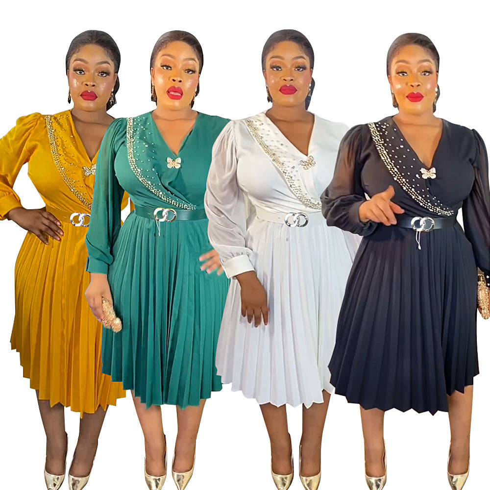 Fashionexport chiffon pleated skirt with belt african tiktok  women's clothing plus sizedress comes with brooch