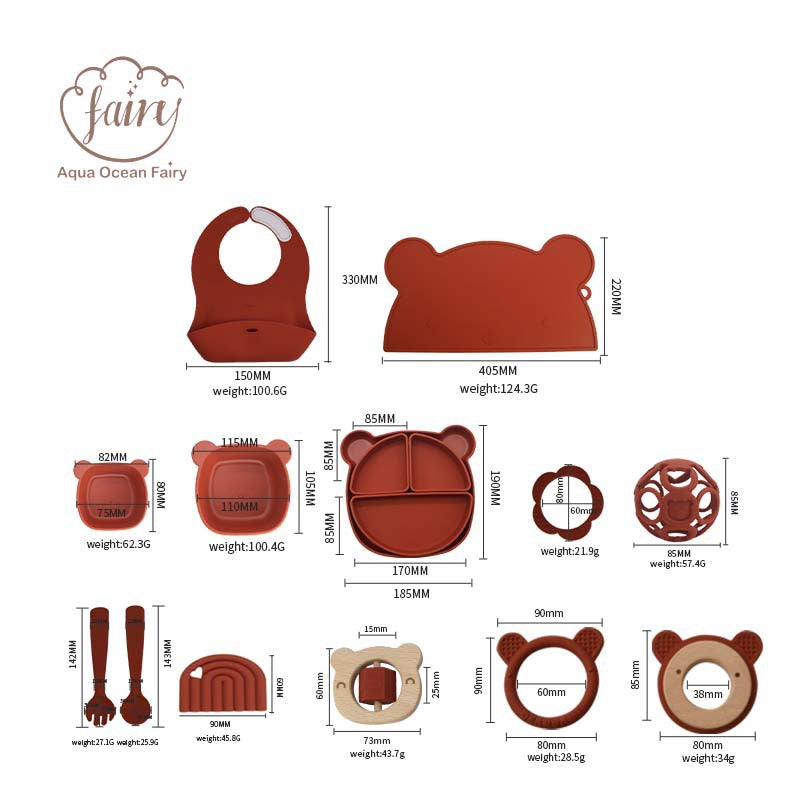 Customized silicone baby tableware set Children's complementary food bowl set Anti-drop grid tableware Silicone bib saliva pocket