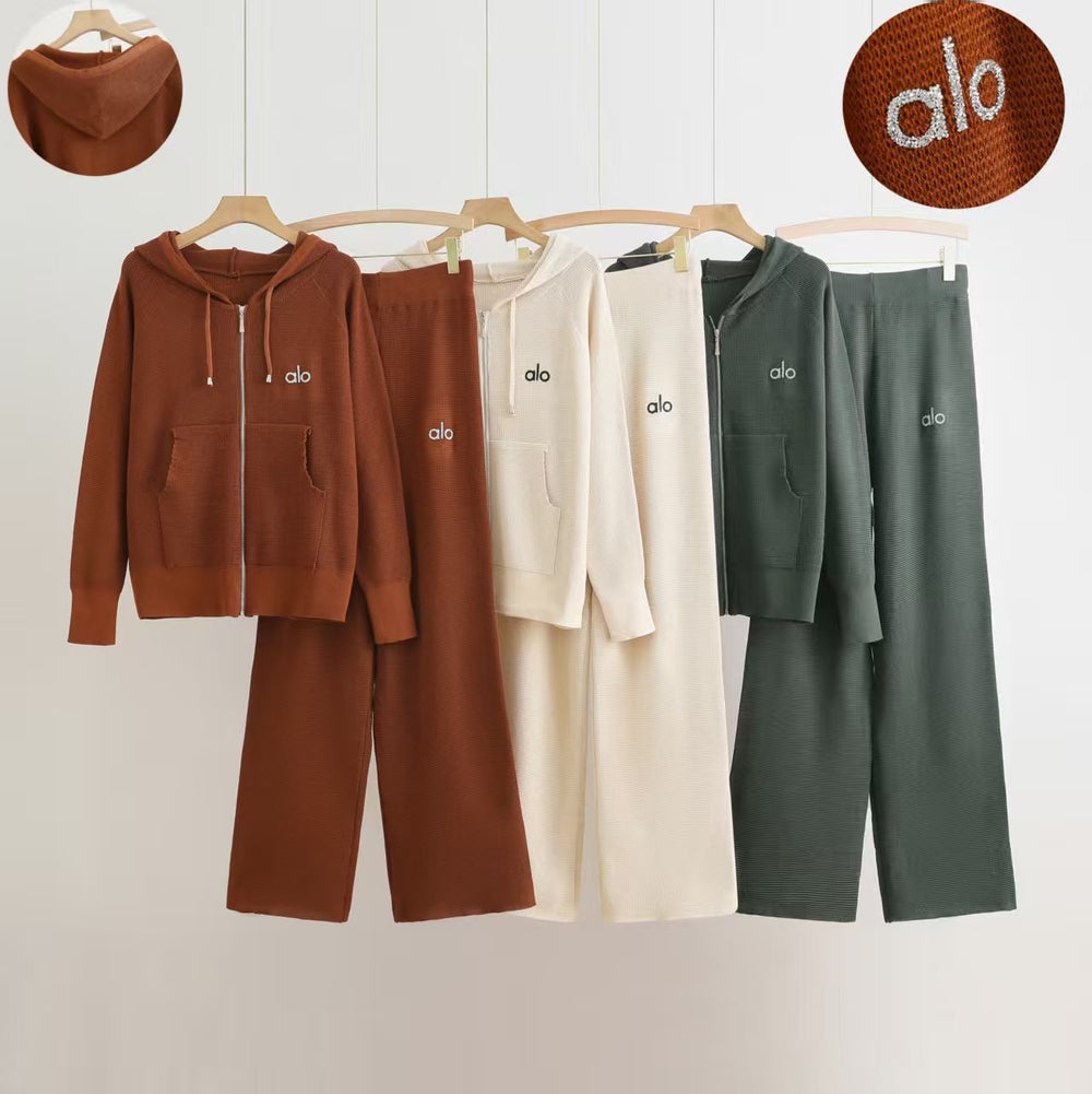 Women's fall/winter  export: hooded casual cardigan & wide-leg pants two-piece set - letter zipper knit tracksuit