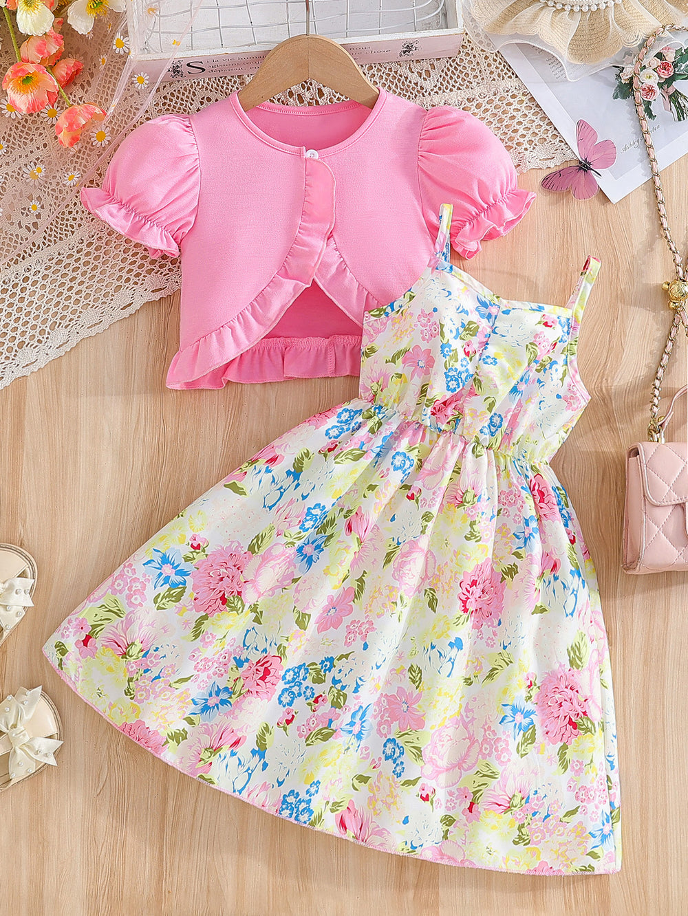 Summer girls' camisole dress with pink lantern sleeve cardigan - oil painting style print skirt - kids' dress set