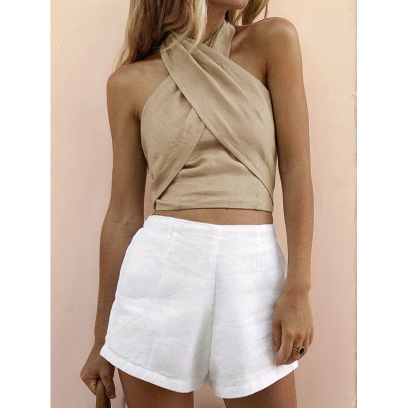 Women's criss-cross halter crop top, slim-fit tank top – perfect for vacation, everyday casual wear, and summer chic