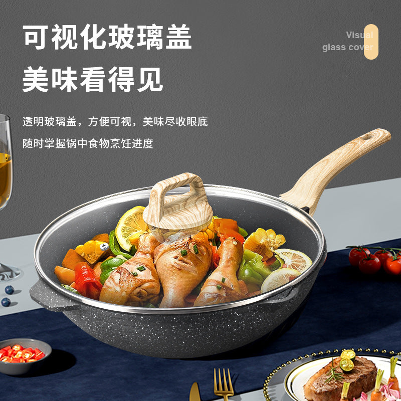Stripes non-stick frying pan for home cooking pot multi-function gas stove neutral cooking pot wooden handle deep bottom pot