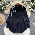 Stylish and versatile heavy sequin embroidered lapel long sleeve single-breasted blouse - women's autumn  loose fit slimming top