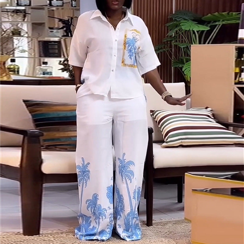 European and american cross-border african women's fashion:  autumn new collection - trendy printed loose-fit short sleeve shirt and wide-leg pants set