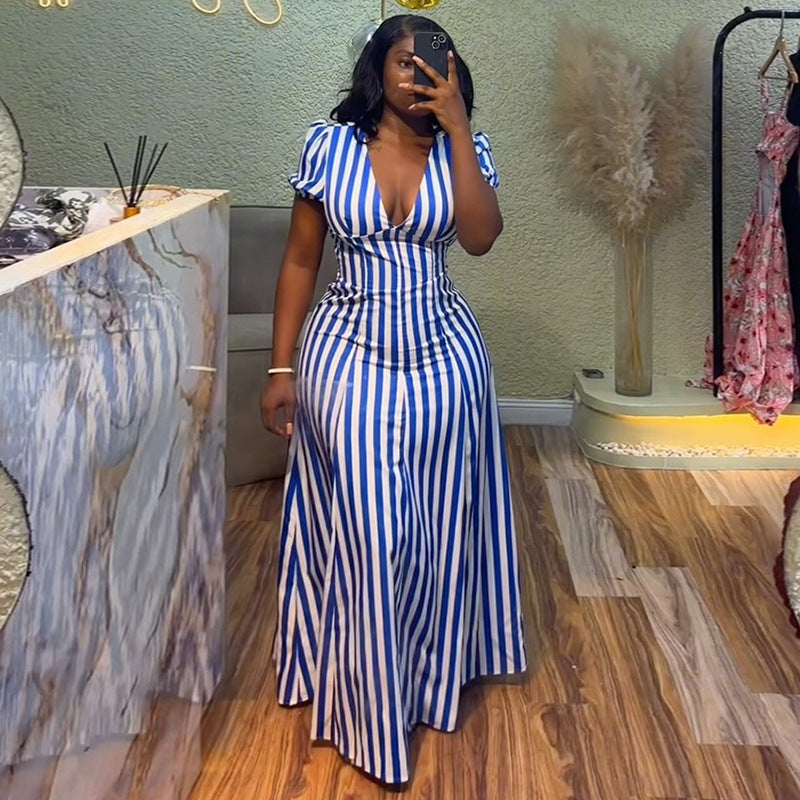 European and american cross-border women's fashion:  summer new arrival - elegant v-neck, puff sleeve, blue striped, high-waisted maxi dress
