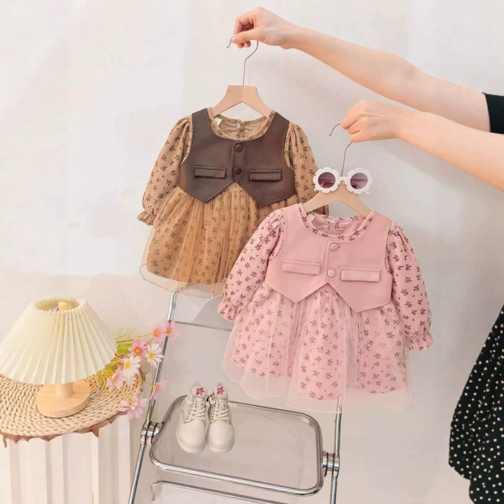 Girls' long-sleeve dress - spring/autumn  new collection - princess style long-sleeve tulle dress with vest overlay (two-piece look)