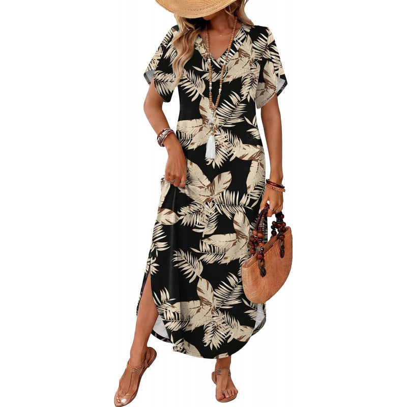 Amazon short-sleeve dress v-neck tank dress  summer new arrival side slit casual beach dress