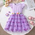 Girls' dress for toddlers and young children, flutter sleeve ribbed knit patchwork mesh dress