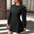European and american cross-border e-commerce  new round neck slim fit a-line hem washed slimming long sleeve denim dress for women