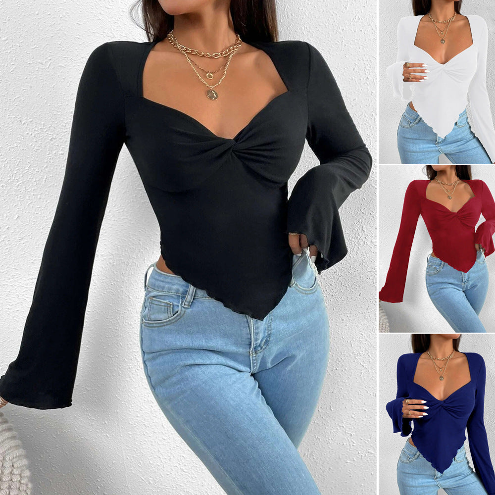 export women's t-shirt vacation v-neck bell sleeves waist asymmetricalknittinglong sleeves t-shirt tops