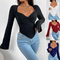 export women's t-shirt vacation v-neck bell sleeves waist asymmetricalknittinglong sleeves t-shirt tops