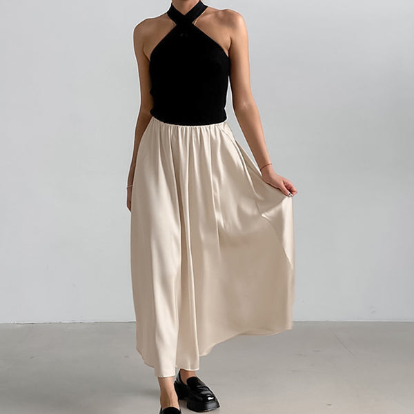 Simulation silk satin skirt women's 2024 autumn European and American khaki high waist drape A word medium and long skirt women's clothing