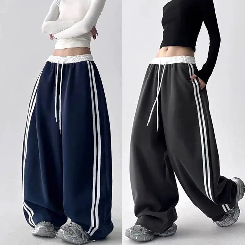 High-waisted, slimming, striped, color-block wide-leg pants, new for autumn . women's loose-fitting, straight-leg, floor-length trousers, korean and japanese casual style
