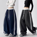 High-waisted, slimming, striped, color-block wide-leg pants, new for autumn . women's loose-fitting, straight-leg, floor-length trousers, korean and japanese casual style