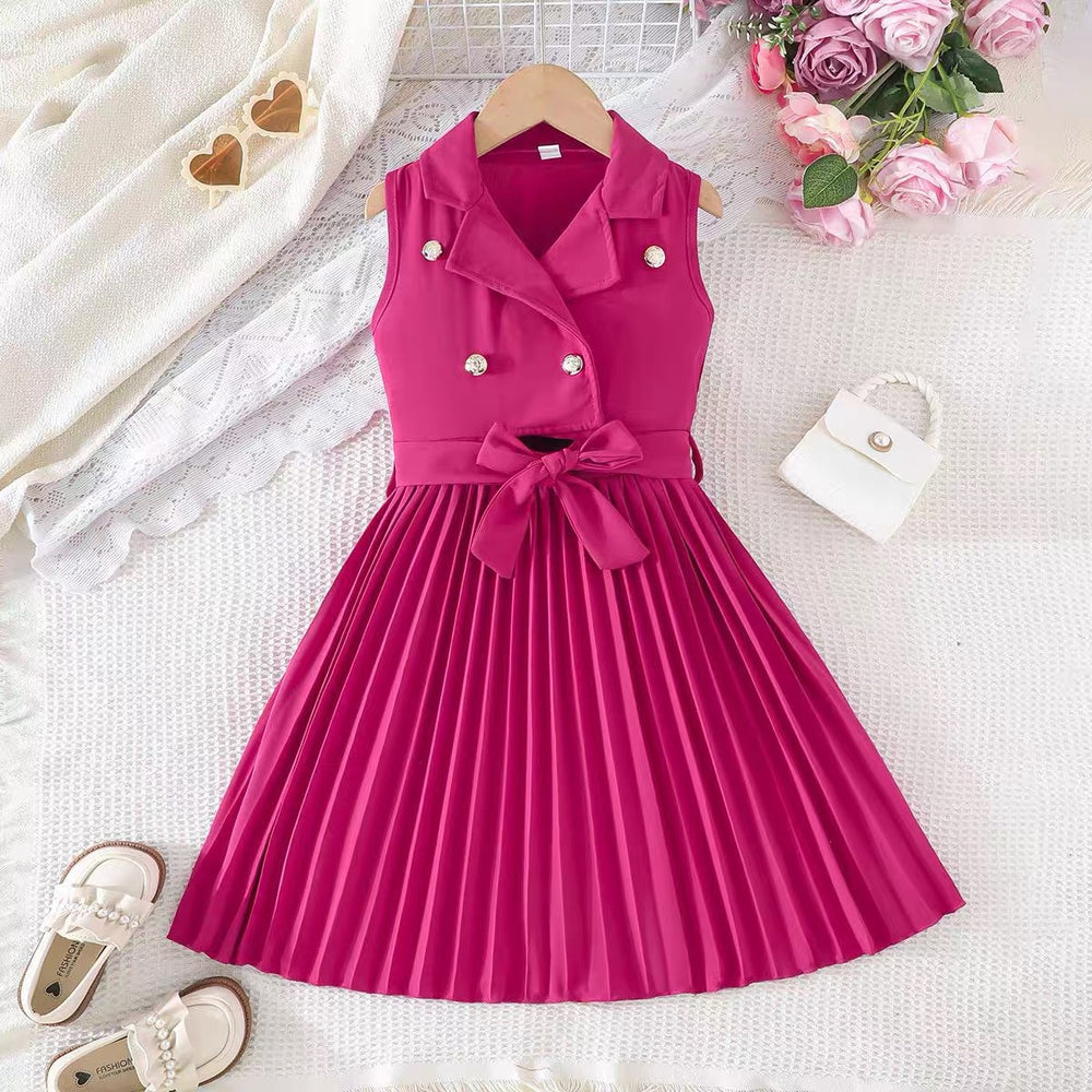girls' summer dress : collared, ruffle-sleeve, cinched-waist, tie-waist, single-breasted, stylish children's dress - wholesale supply