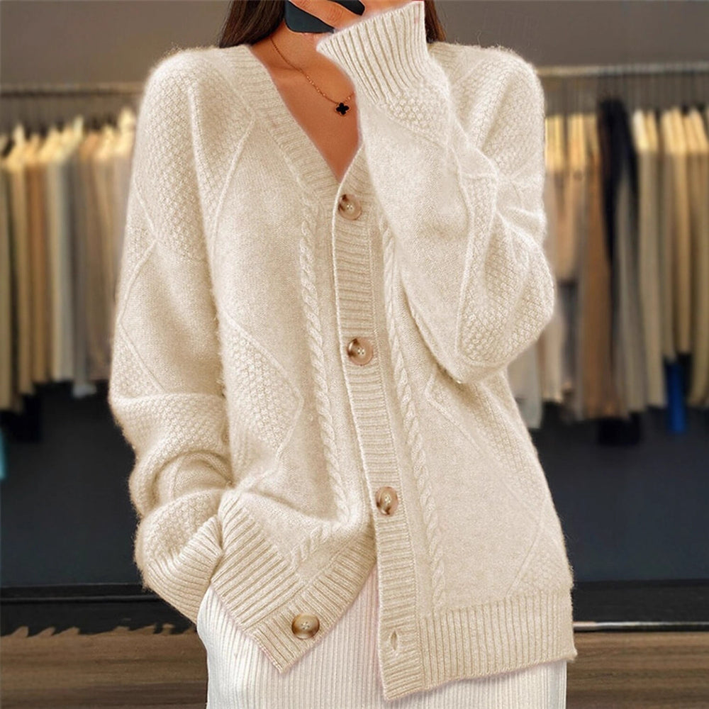 fall/winter new collection: solid color long-sleeve v-neck knit cardigan with button-down jacquard short-sleeve sweater top for women