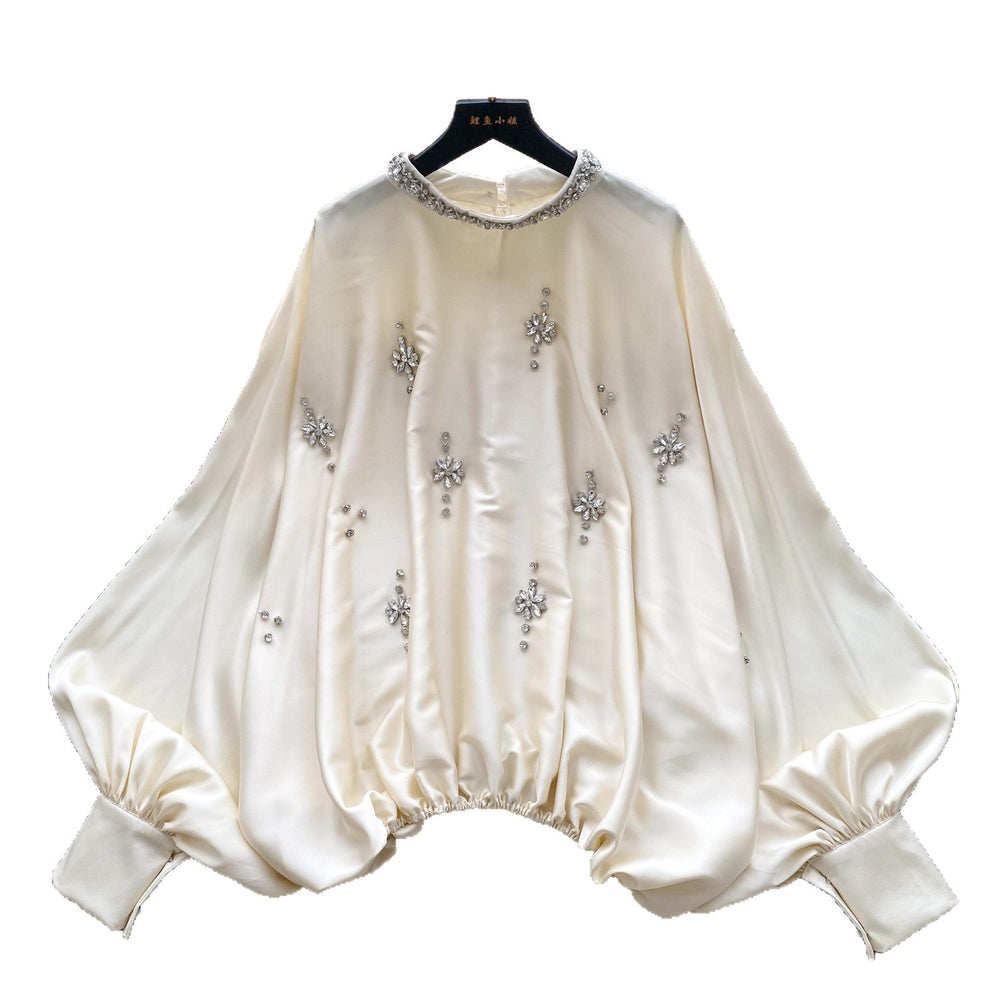 European and american fashion heavy-duty rhinestone embellished round neck lantern sleeve satin blouse - women's autumn fashion loose fit, slimming, and figure-flattering top