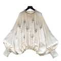 European and american fashion heavy-duty rhinestone embellished round neck lantern sleeve satin blouse - women's autumn fashion loose fit, slimming, and figure-flattering top