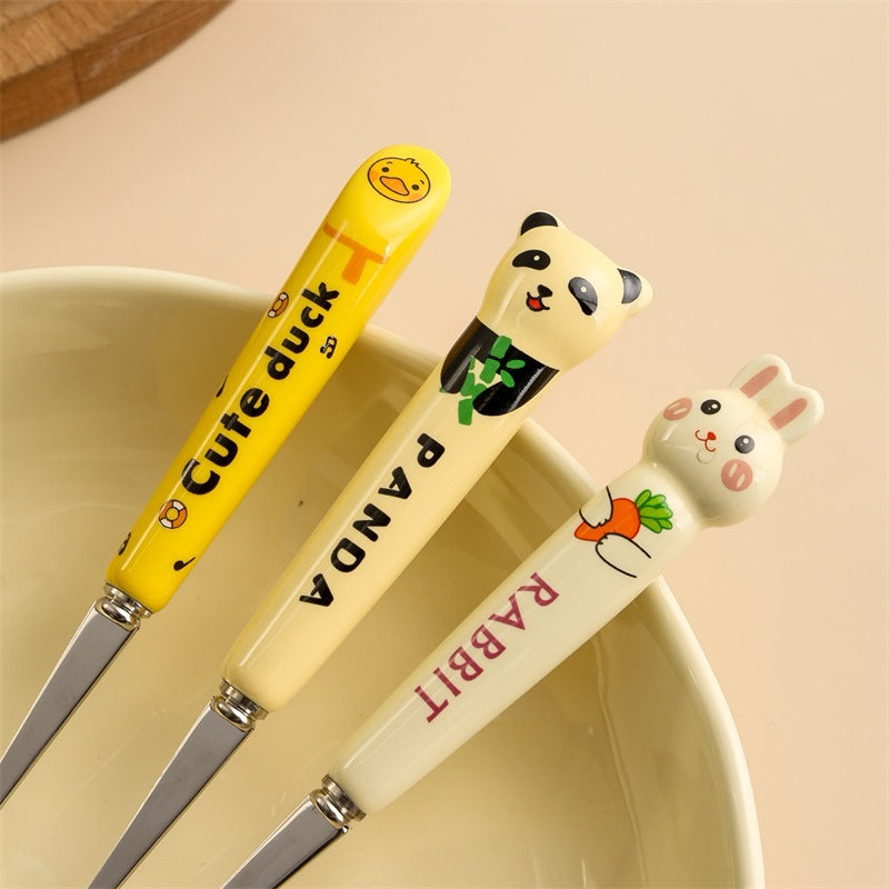 Cartoon stainless steel cutlery set: cute kids' forks with stylish ceramic handles, exquisite dessert spoons, and serving spoons