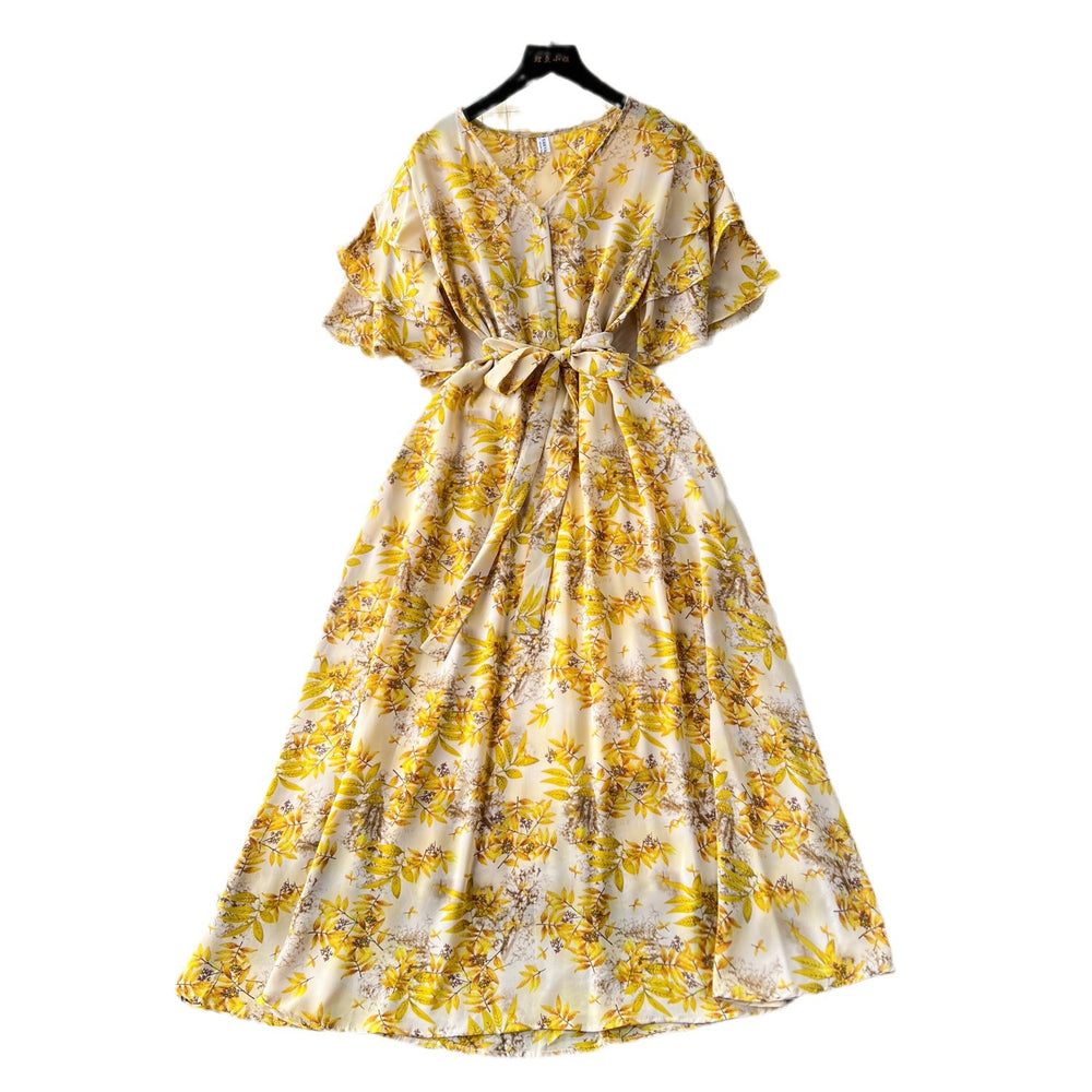 Gentle style female niche styleretro tea break v neck bell sleeves tie back waist slimming look a-line large swing floral dress for women