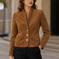 Autumn/winter caramel suede-look jacket - stand collar, three-button, slim fit, cropped length, chic commute, vintage women's outerwear