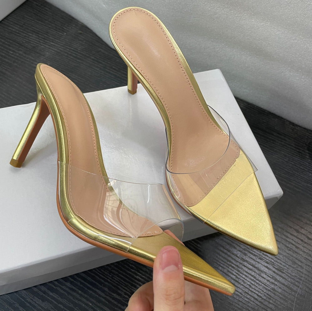 Wo huizhou european and american women's shoes transparent one-line high heels stiletto pointed toe not tired feet easiest for match summer slippers outwear