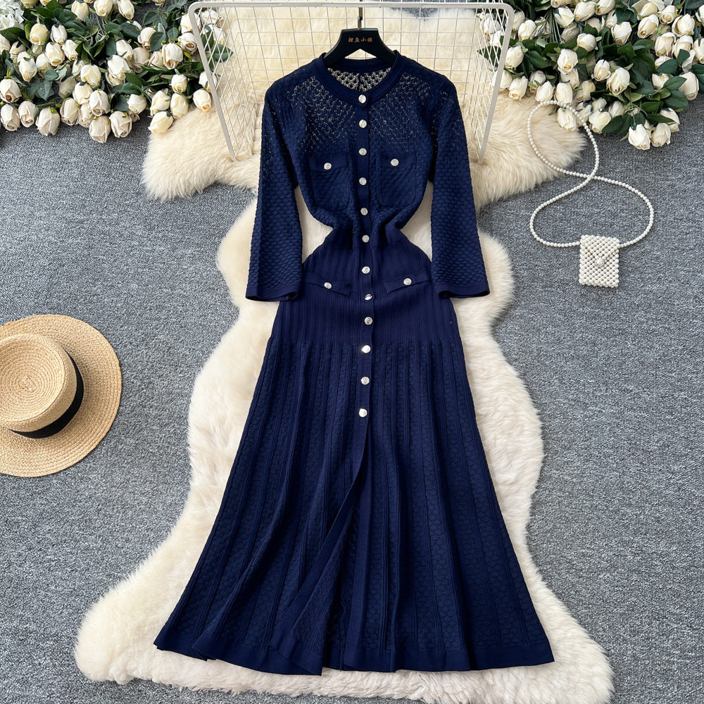 French gentle style niche heavy industry cut out crochet knittingdress women's autum metal button waist slit long skirt