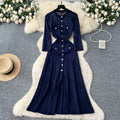 French gentle style niche heavy industry cut out crochet knittingdress women's autum metal button waist slit long skirt