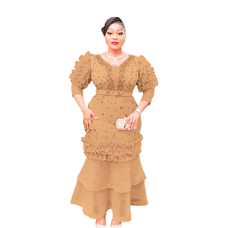supply of african women's clothing puff sleeve v neck silm hot diamond beaded waist fishtail dress long skirt