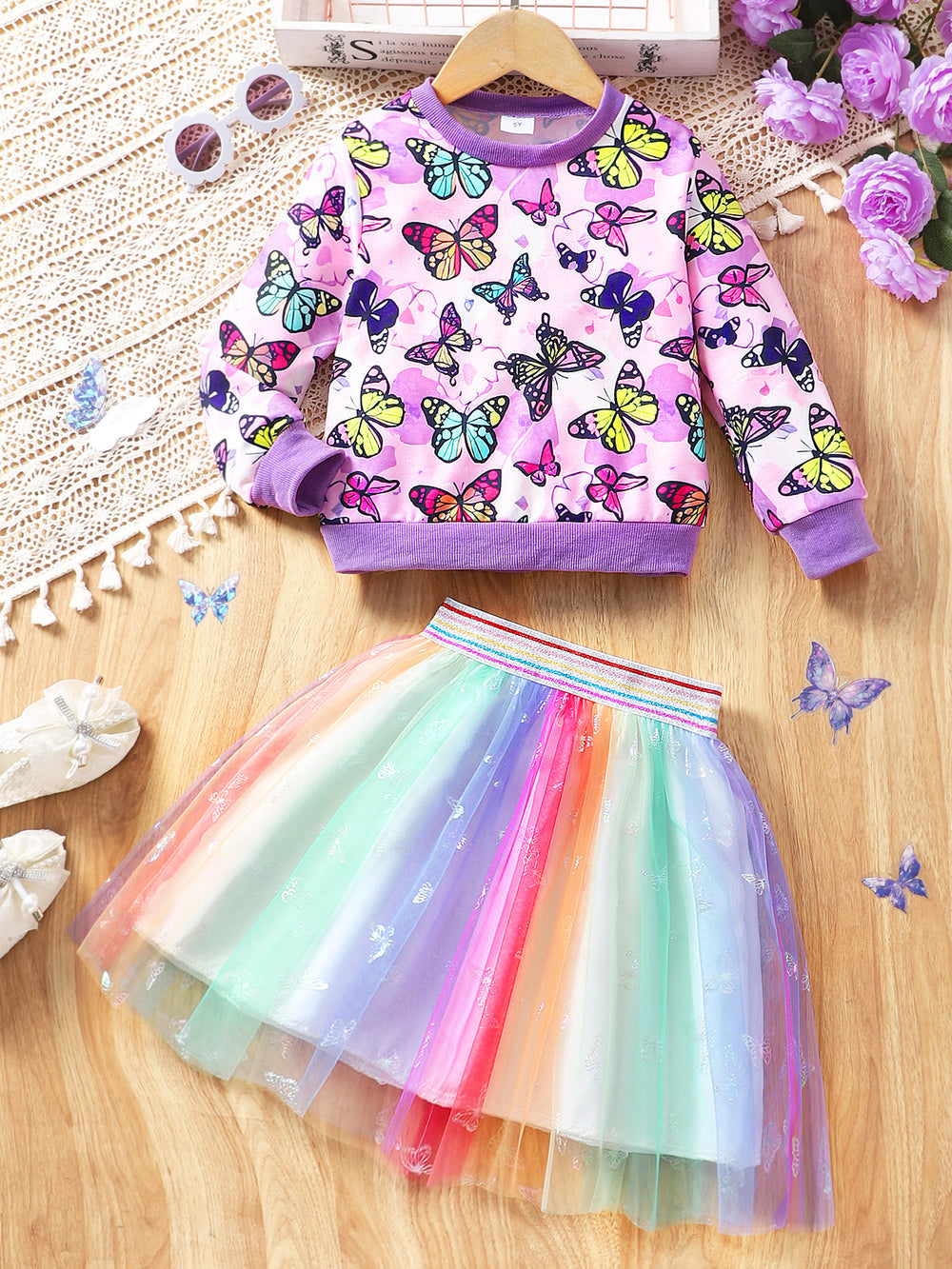 Children's long sleeves round neck sweatshirt + mesh skirt suit