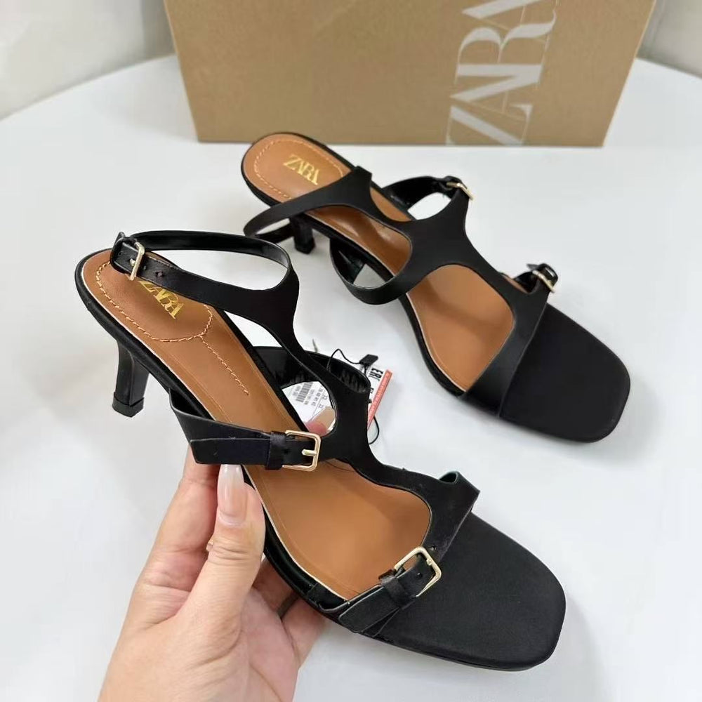 Za2025 new spanish black women's fashionable low-cut open-toe back-tie stiletto thong heel sandals
