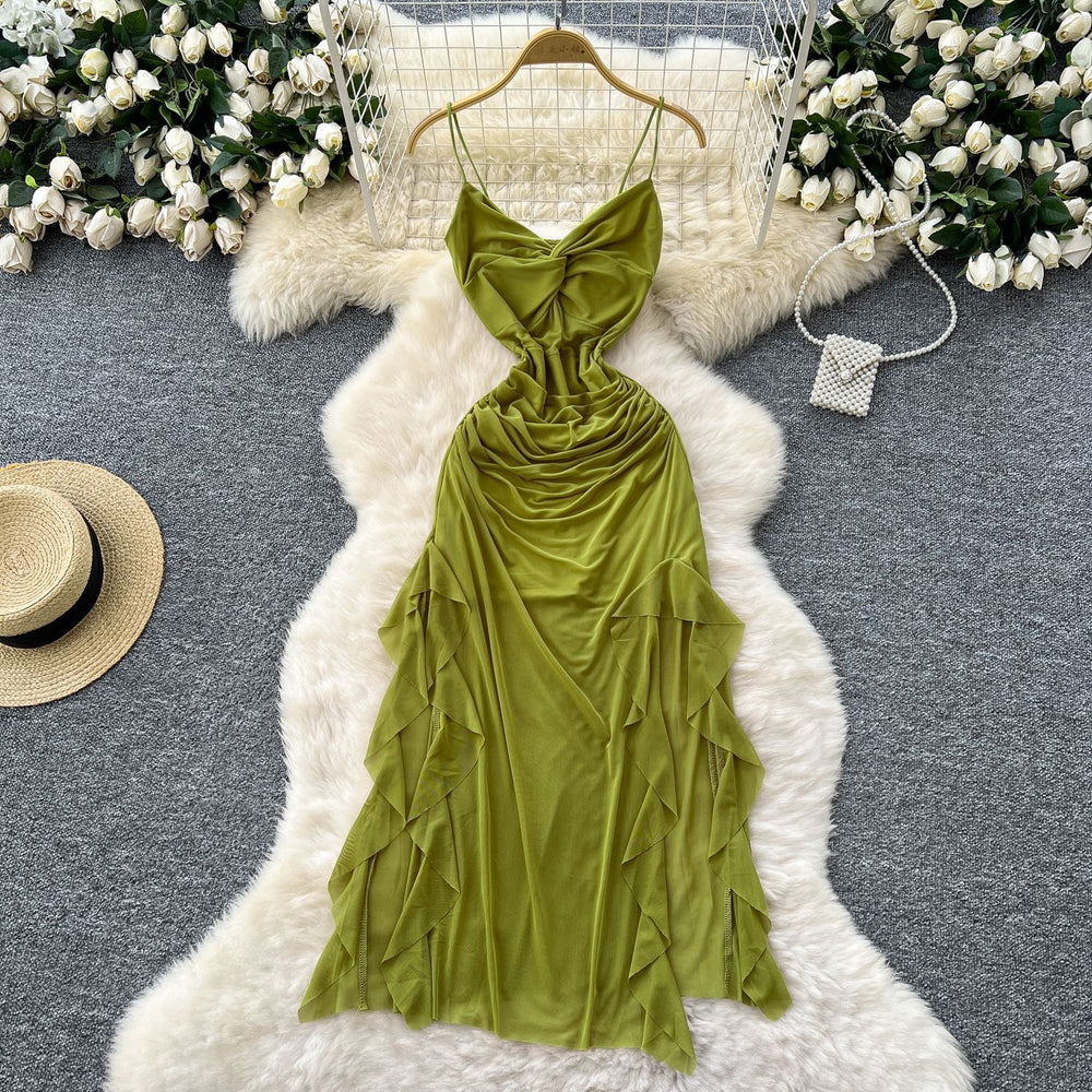 Goddess-style design: subtle twist knot cami dress - women's  summer collection - ruched waist, asymmetrical maxi dress