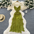 Goddess-style design: subtle twist knot cami dress - women's  summer collection - ruched waist, asymmetrical maxi dress