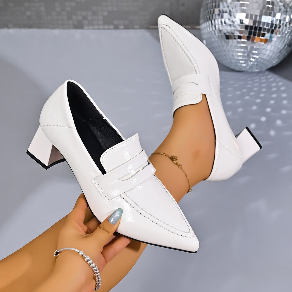 Plus size british style pointed toe loafers for women -  summer new arrival - retro slip-on single shoes with chunky heel - small leather shoes