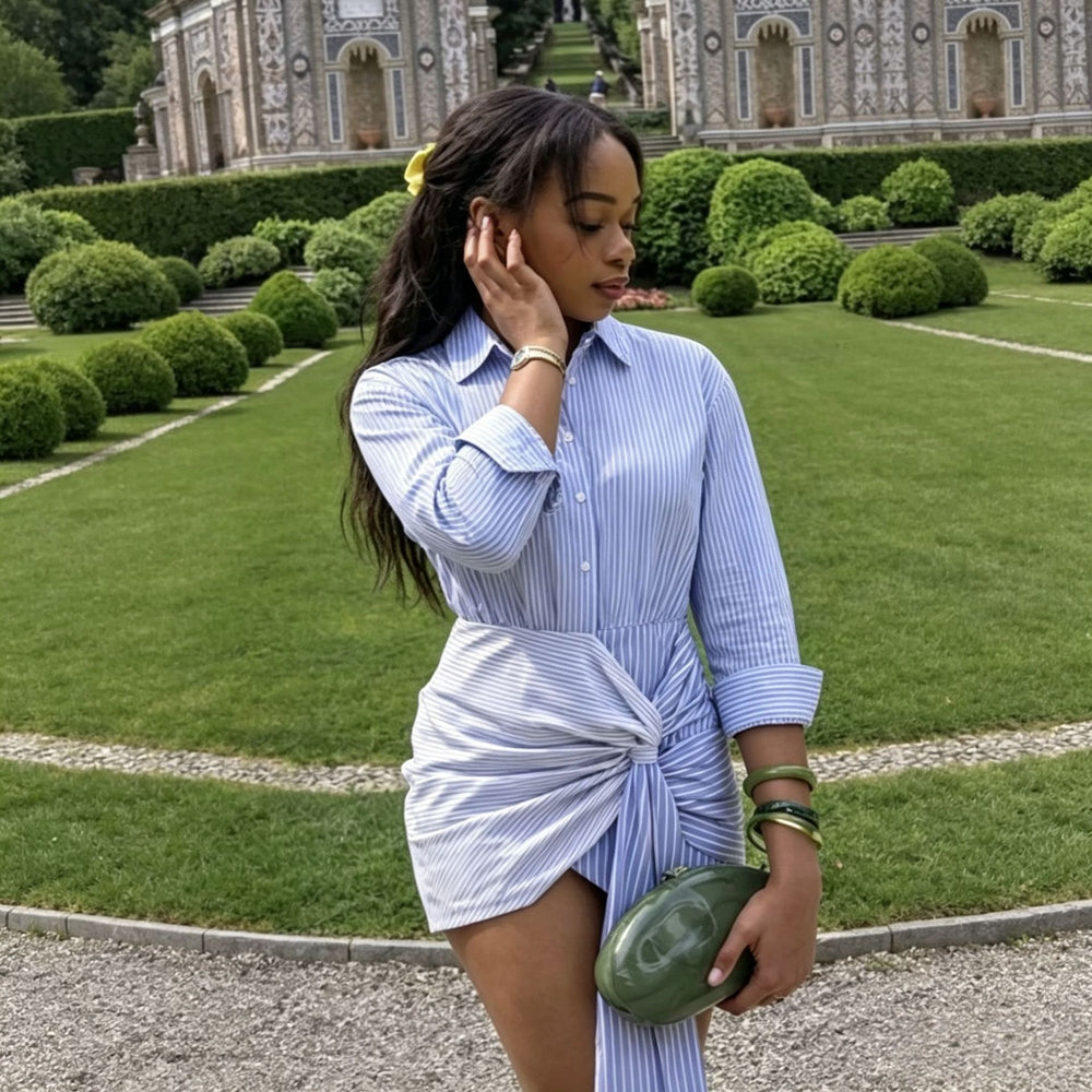 European and american cross-border women's fashion:  summer new arrival - stylish notch collar striped irregular shirt dress