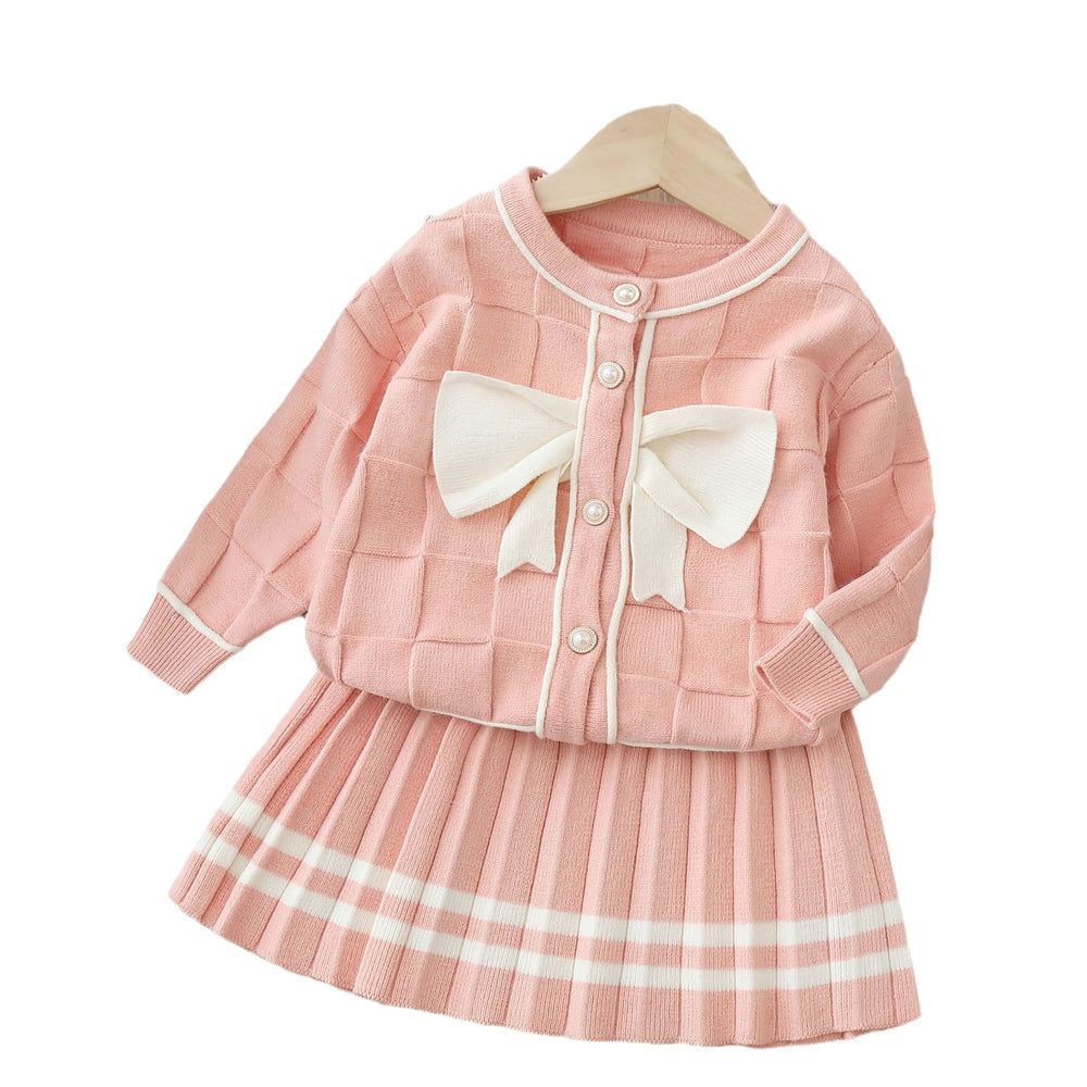 Girls' knitted sweater two-piece set -  autumn/winter new collection - dress set with bow detail - little girl's cardigan top set