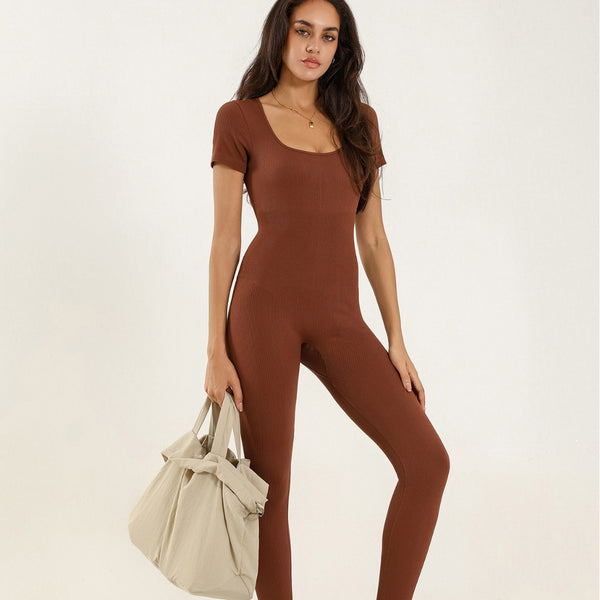 Yoga Short Sleeve Daft Neck Jumpsuit Trousers One-piece Sportswear Close Waist Tight Hip Lift Fixing Fitness Clothing Cross-border Factory