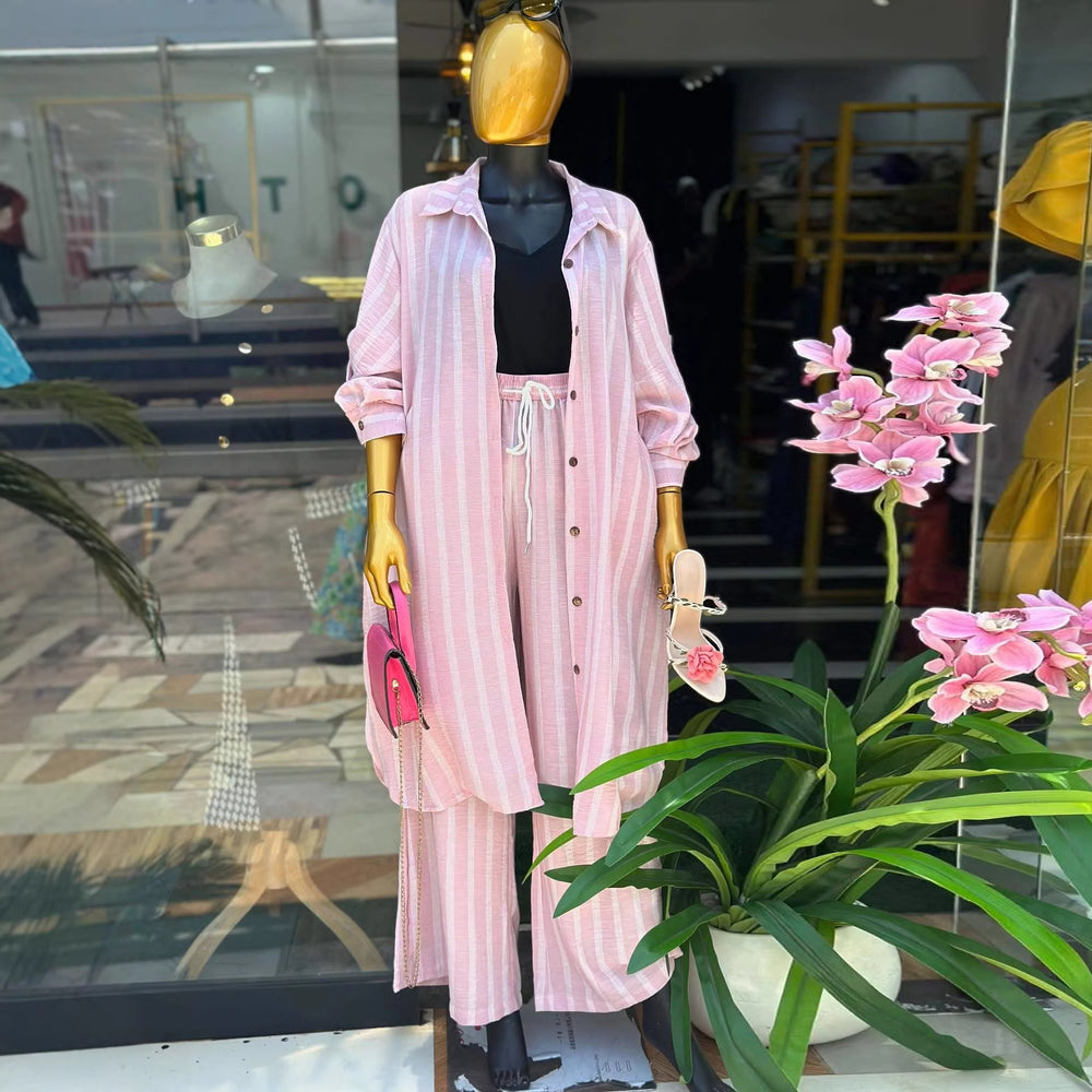 European and american cross-border women's clothing  summer new arrival: elegant and stylish striped longline shirt with tie-waist wide-leg pants set