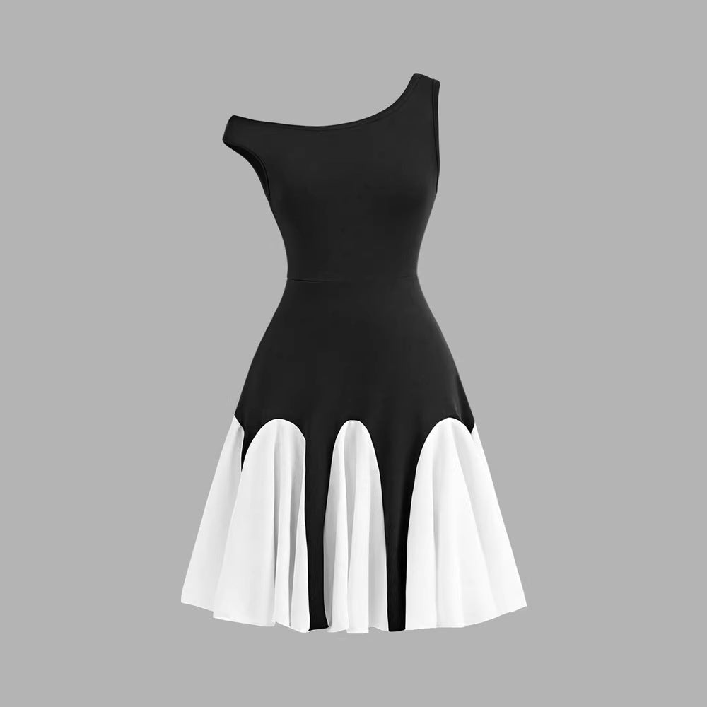 Girls' summer fashion sweet & chic black & white color block asymmetrical one-shoulder ruched waist wave dress