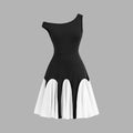 Girls' summer fashion sweet & chic black & white color block asymmetrical one-shoulder ruched waist wave dress