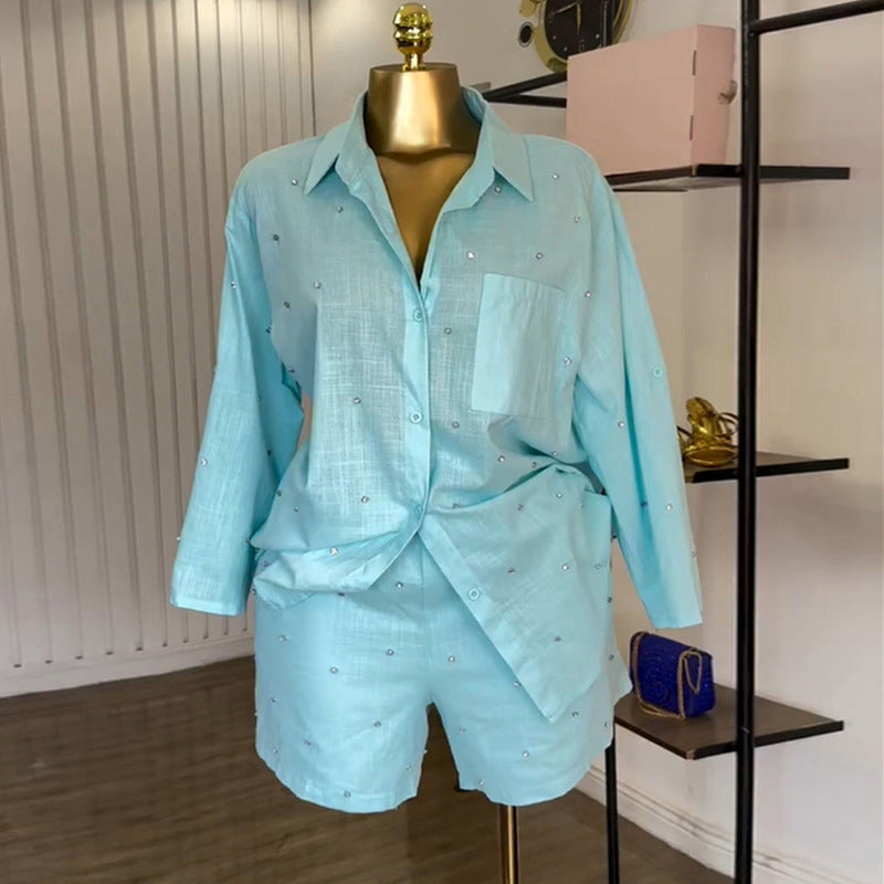 European and american cross-border women's fashion:  summer new collection - stylish lapel, three-quarter sleeve, beaded blouse and wide-leg shorts set