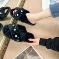 2024 new korean style floral plush slippers for women, autumn/winter home indoor flat pearl cross wooden floor fuzzy slippers