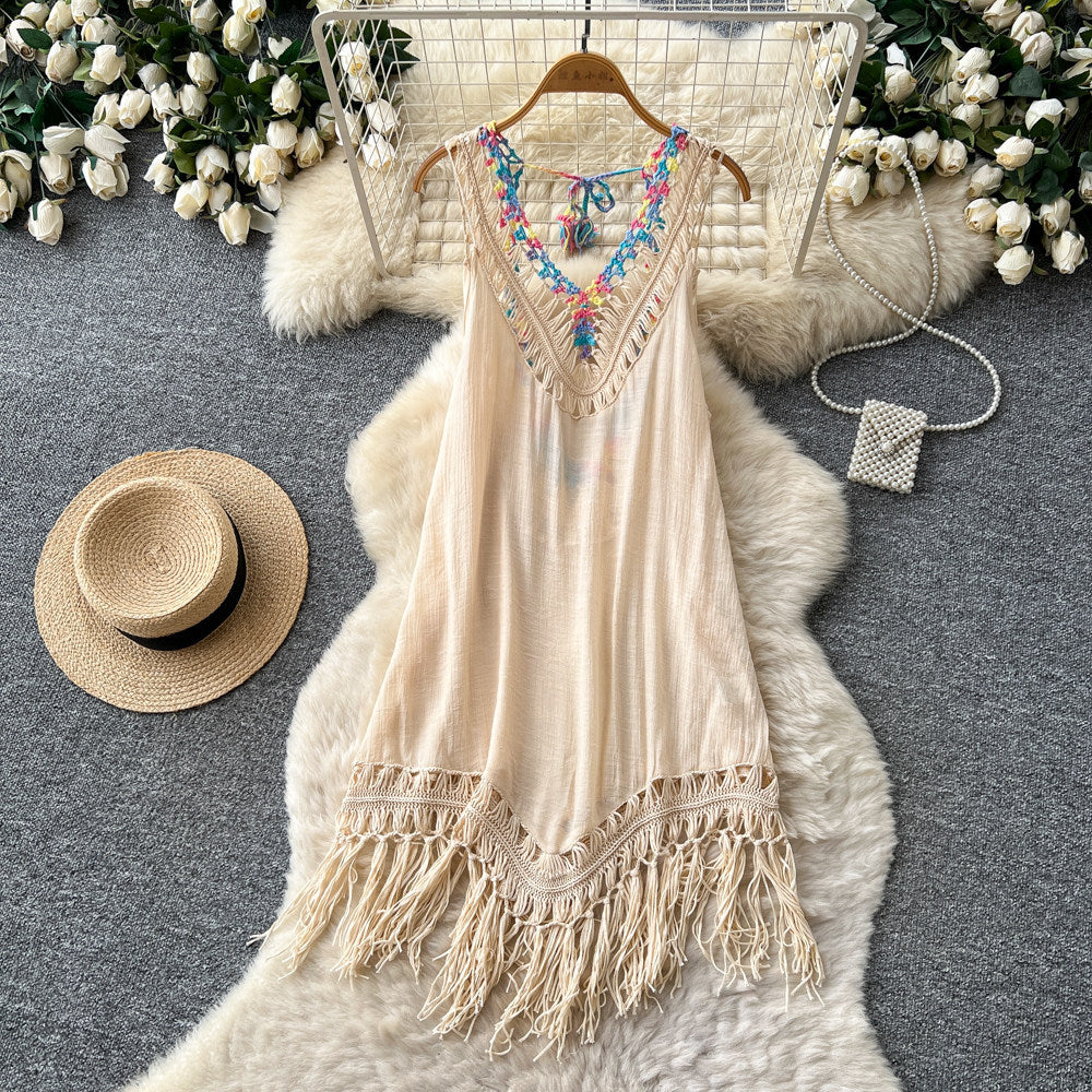 Bohemian tassel crochet dress - women's summer korean style v-neck embroidered vacation maxi dress - high waist slimming
