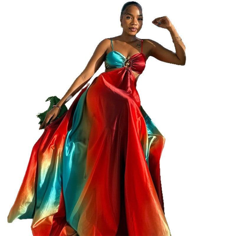 European and american cross-border women's fashion  summer new sexy gradient high-waisted vacation style long slip dress