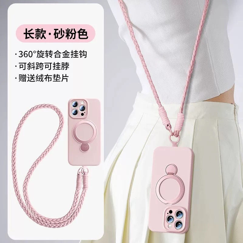 Rotating magnetic lanyard stand compatible with apple iphone 17 pure color liquid silicone case, iphone 15 pro max full coverage